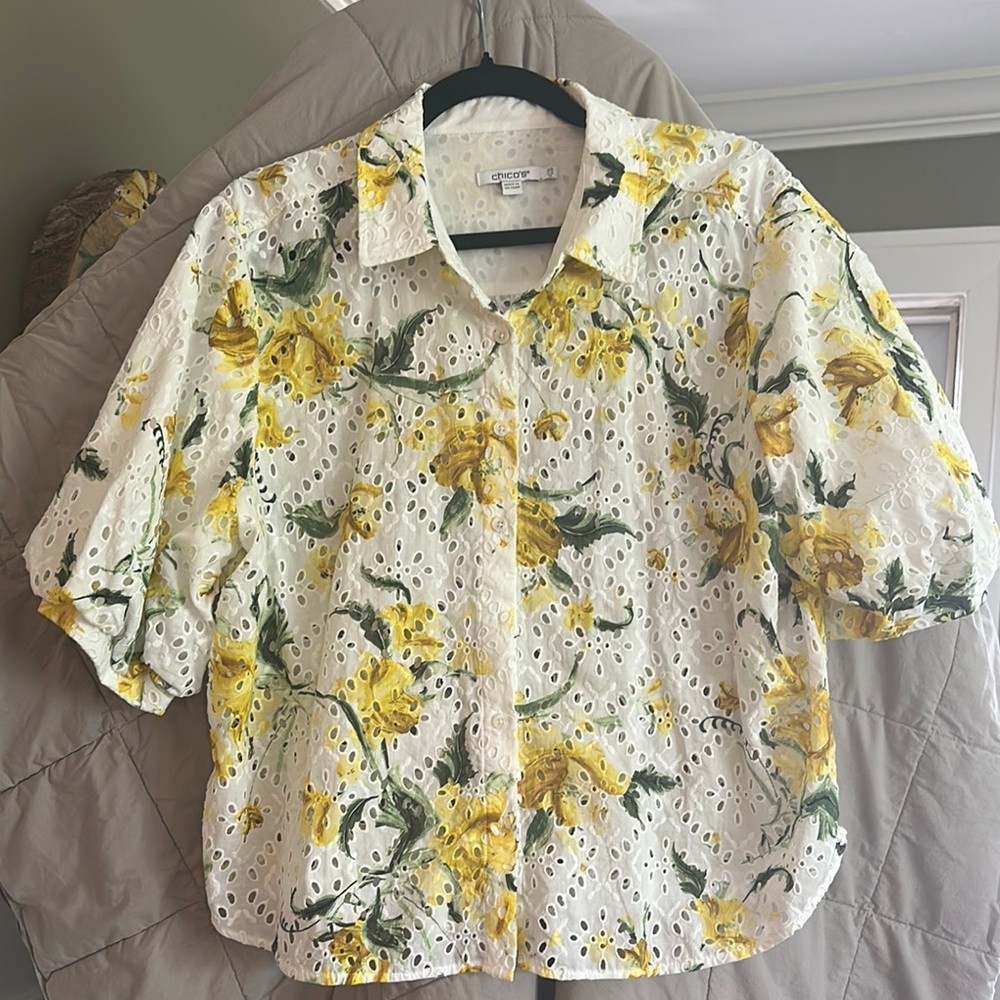 Chico's Yellow and Green Puff Sleeve Blouse with Notched Collar